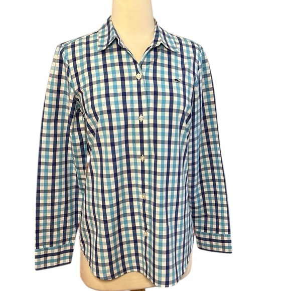 Vineyard Vines Button Down Long Sleeve Shirt Blue Teal White Plaid Gingham Sz 6 - Picture 1 of 14